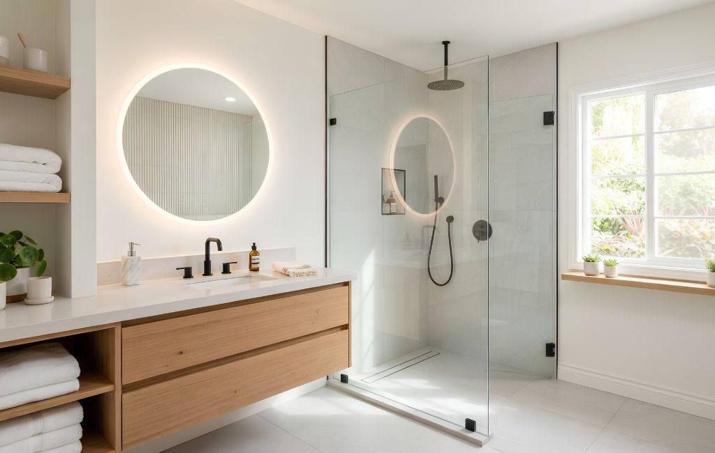 Bathroom Remodeling Lakewood CA featuring a modern bathroom with a wooden vanity, a large circular backlit mirror, and a glass-enclosed shower with a rainfall showerhead. A window with lush greenery outside enhances the bright and contemporary living space.